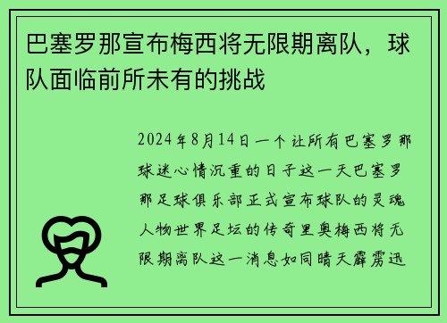 巴塞罗那宣布梅西将无限期离队，球队面临前所未有的挑战