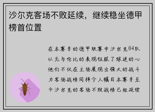 沙尔克客场不败延续，继续稳坐德甲榜首位置
